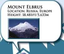 Mount Elbrus. Location: Russia, Europe · Height: 18,481 ft / 5,633 m